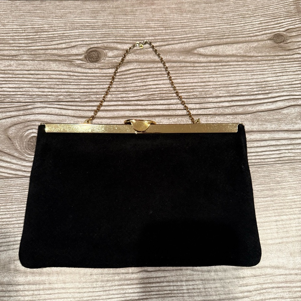 Vintage Black Velvet Evening Bag Gold Frame Chain Strap Formal Clutch